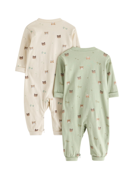 Lindex Baby Zipped Bear Print Sleepsuit, Pack of 2, Dusty Green - view 2, Dusty Green