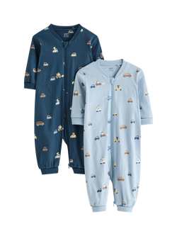 Lindex Baby Zipped Animal Print Sleepsuit, Pack of 2, Light Dusty Blue, Light Dusty Blue