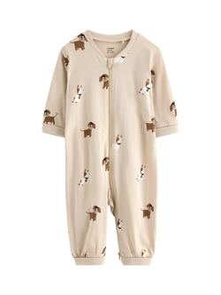 Lindex Baby Puppy Print Applique Footless Sleepsuit, Beige, Beige