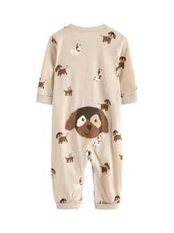 Lindex Baby Puppy Print Applique Footless Sleepsuit, Beige - view 2, Beige