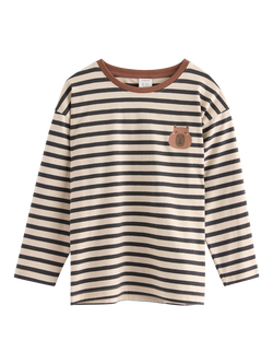 Lindex Kids' Long Sleeve Striped Motif Top, Light Beige, Light Beige