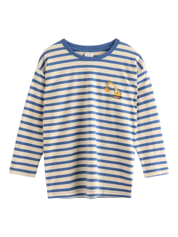 Lindex Kids' Excavator Motif Long Sleeve Stripe Top, Light Dusty Blue, Light Dusty Blue
