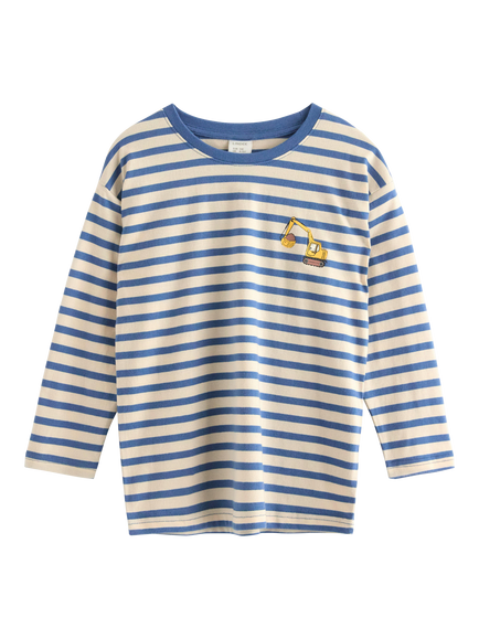 Lindex Kids' Excavator Motif Long Sleeve Stripe Top, Light Dusty Blue, Light Dusty Blue