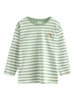 Lindex Kids' Long Sleeve Striped Stegosaurus Motif Top, Dusty Green, Dusty Green