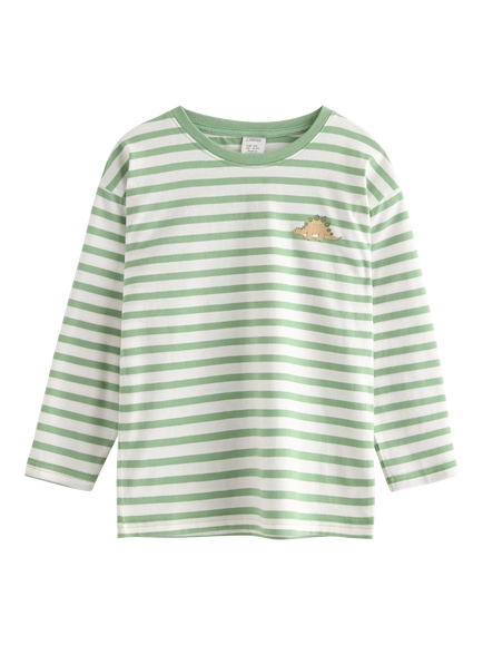 Lindex Kids' Long Sleeve Striped Stegosaurus Motif Top, Dusty Green, Dusty Green