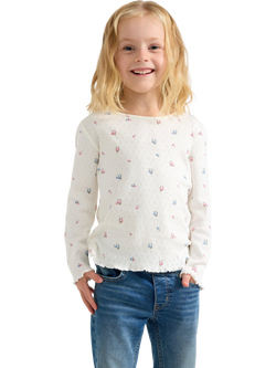 Lindex Kids' Pointelle Long Sleeve Floral Top, Light Dusty White, Light Dusty White