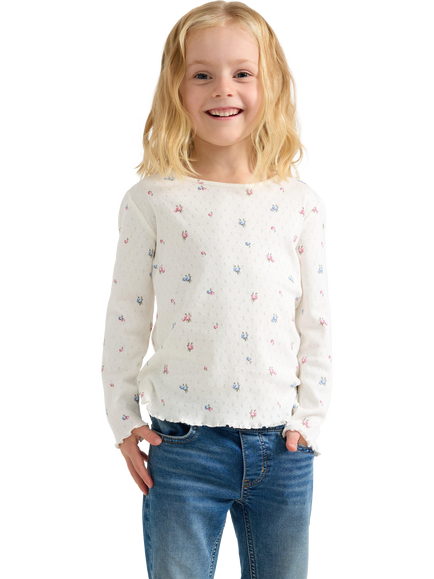 Lindex Kids' Pointelle Long Sleeve Floral Top, Light Dusty White, Light Dusty White