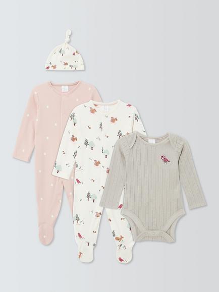 John Lewis Baby Woodland Sleepsuit, Bodysuit & Hat Set, Pink Multi, Pink Multi