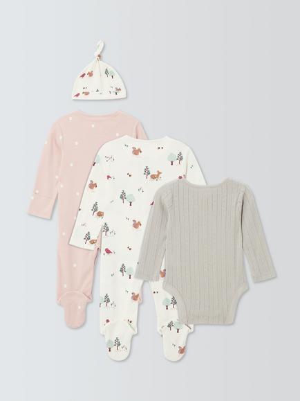 John Lewis Baby Woodland Sleepsuit, Bodysuit & Hat Set, Pink Multi - view 2, Pink Multi
