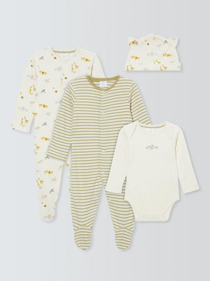 John Lewis Baby Safari Sleepsuit, Bodysuit and Hat Set, White, White