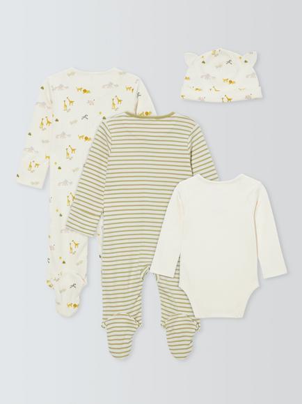John Lewis Baby Safari Sleepsuit, Bodysuit and Hat Set, White - view 2, White