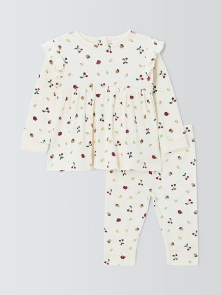 John Lewis Baby Ribbed Floral Top & Trousers Set, White, White