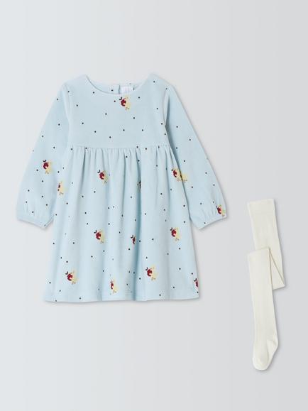 John Lewis Baby Duck Spot Dress and Tights Set, Blue, Blue