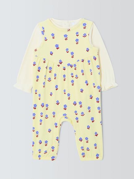 John Lewis Baby Cotton Long Sleeve T-Shirt & Floral Dungarees Set, Yellow, Yellow