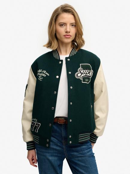 Superdry Patched Varsity Bomber Jacket, Dark Pine Green, Dark Pine Green