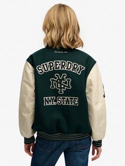 Superdry Patched Varsity Bomber Jacket, Dark Pine Green - view 2, Dark Pine Green