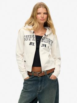 Superdry Athletic Essentials Relaxed Cropped Zip Hoodie, Desert Bone Offwhite, Desert Bone Offwhite