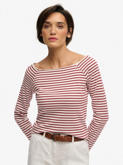 Superdry Bardot Neck Stripe Top, Bordeaux Red Stripe, Bordeaux Red Stripe