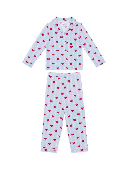 Chelsea Peers Kids' Long Sleeved Wavy Stripe Heart Pyjama Set, Blue, Blue