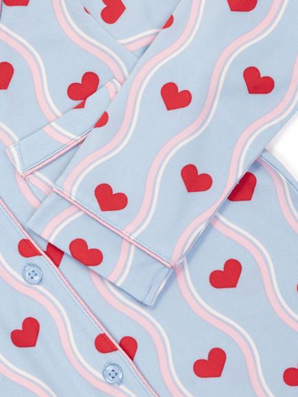 Chelsea Peers Kids' Long Sleeved Wavy Stripe Heart Pyjama Set, Blue - view 2, Blue