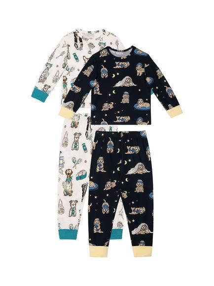 Chelsea Peers Kids' Long Sleeved The Bark Pyjama Set, Pack of 2, Blue, Blue