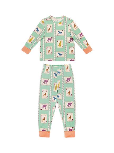 Chelsea Peers Kids' Long Sleeved Playing Card Animals Pyjama Set, Green, Green