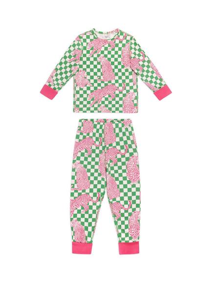 Chelsea Peers Kids' Long Sleeved Panthera Check Pyjama Set, Green, Green