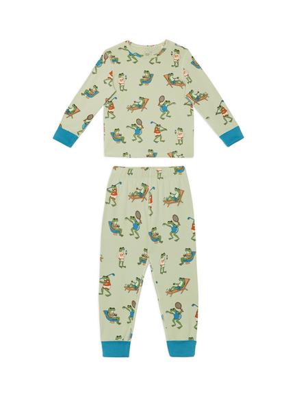 Chelsea Peers Kids' Long Sleeved Frog House Pyjama Set, Khaki, Khaki