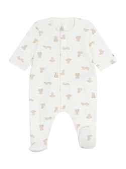 Petit Bateau Baby Bear Print Pyjama Sleepsuit, Cream, Cream