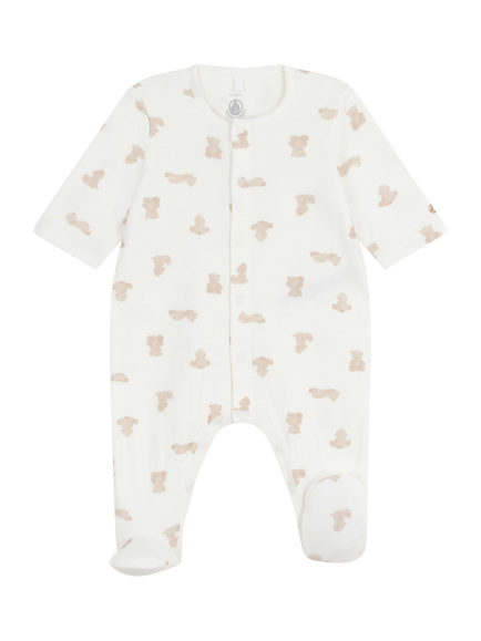 Petit Bateau Baby Bear Print Pyjama Sleepsuit, Cream, Cream