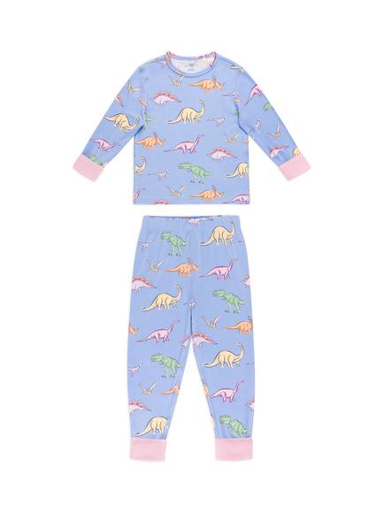 Chelsea Peers Kids' Dinosaur Dreams Long Sleeve Pyjama Set, Blue/Multi, Blue/Multi