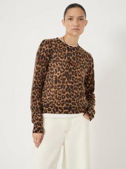 HUSH Gathered Shoulder Animal Print Wool Rich Jumper, Brown/Multi, Brown/Multi