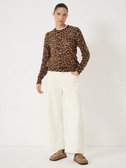 HUSH Gathered Shoulder Animal Print Wool Rich Jumper, Brown/Multi - view 2, Brown/Multi