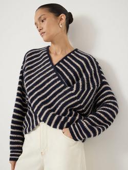 HUSH Betty Stripe Waffle Stitch Wool Rich Jumper, Navy/White, Navy/White