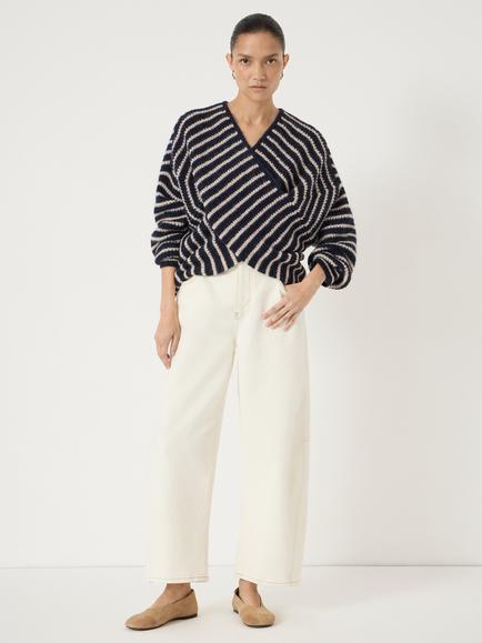 HUSH Betty Stripe Waffle Stitch Wool Rich Jumper, Navy/White - view 2, Navy/White