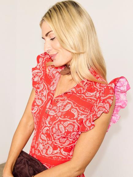 Never Fully Dressed Remi Bandana Print Midi Dress, Red/White - view 2, Red/White