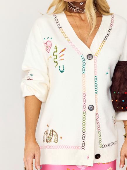 Never Fully Dressed Martha Wester Motifs Cardigan, Cream/Multi - view 2, Cream/Multi