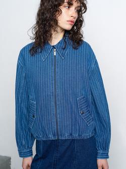 French Connection Cherrie Pinstripe Denim Bomber Jacket, Denim Blue, Denim Blue