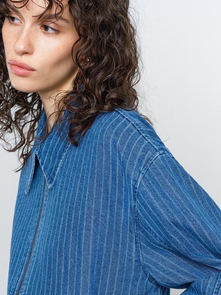 French Connection Cherrie Pinstripe Denim Bomber Jacket, Denim Blue - view 2, Denim Blue
