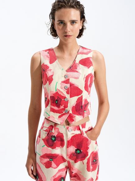 French Connection Poppy Dallas Denim Waistcoat, Red/Multi, Red/Multi