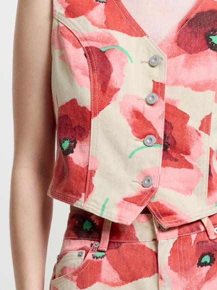 French Connection Poppy Dallas Denim Waistcoat, Red/Multi - view 2, Red/Multi