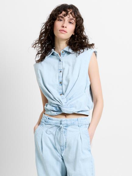 French Connection Chess Twist Cropped Denim Shirt, Beach Blue, Beach Blue
