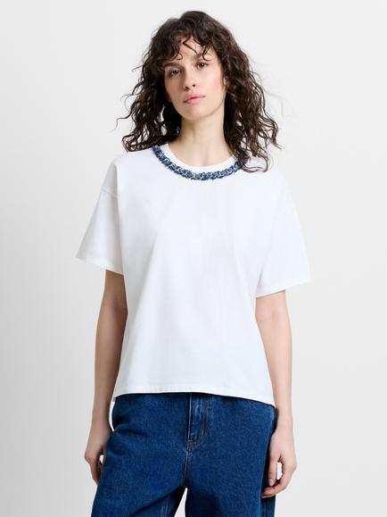 French Connection Aliyana Denim Chain Trim T-Shirt, Linen White, Linen White