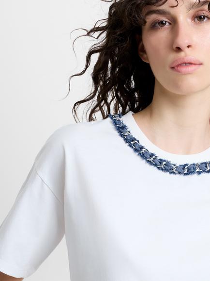 French Connection Aliyana Denim Chain Trim T-Shirt, Linen White - view 2, Linen White