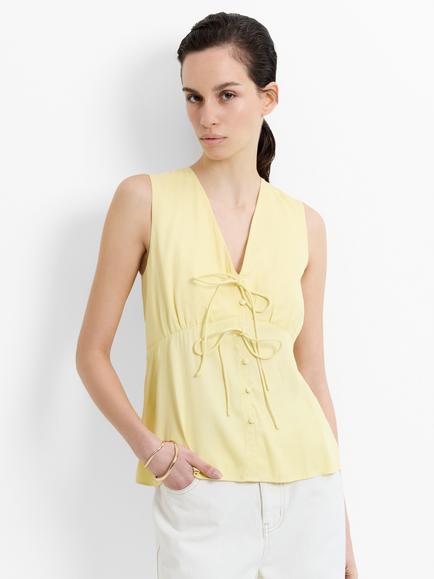 French Connection Candice Satin Tie Front Top, Mellow Yellow