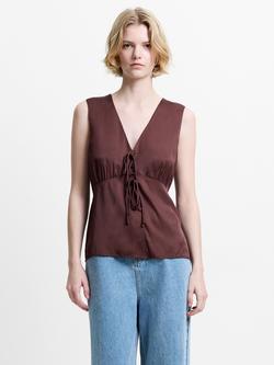 French Connection Candice Satin Tie Front Top, Espresso