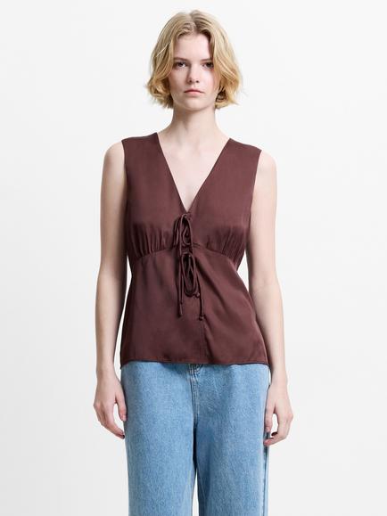 French Connection Candice Satin Tie Front Top, Espresso