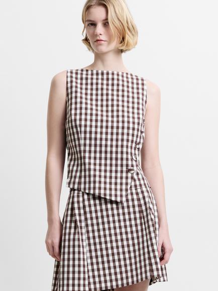 French Connection Lexi Tailored Gingham Asymmetric Top, Espresso Brown, Espresso Brown