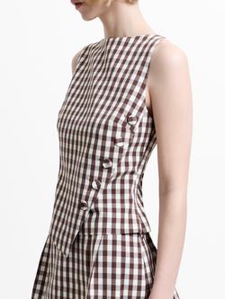 French Connection Lexi Tailored Gingham Asymmetric Top, Espresso Brown - view 2, Espresso Brown