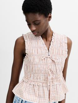 French Connection Rhodes Cotton Sleeveless Gingham Top, Almond Nude, Almond Nude